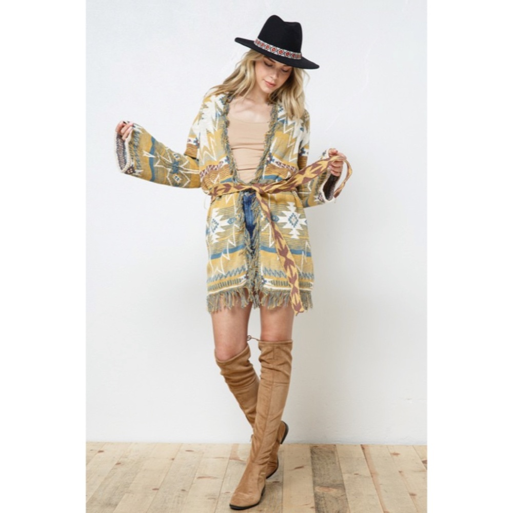 SOLD OUT Mustard Fringe Western Native Aztec Belted Tie Knit Cardigan Sweater - Picture 4 of 9